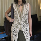 sleeveless long vest lace knit cardigan v neck button down hollow out lightweight layering top