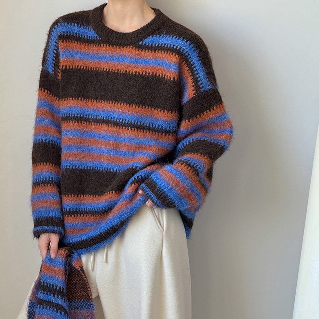 Loose retro contrasting striped sweater with shawl