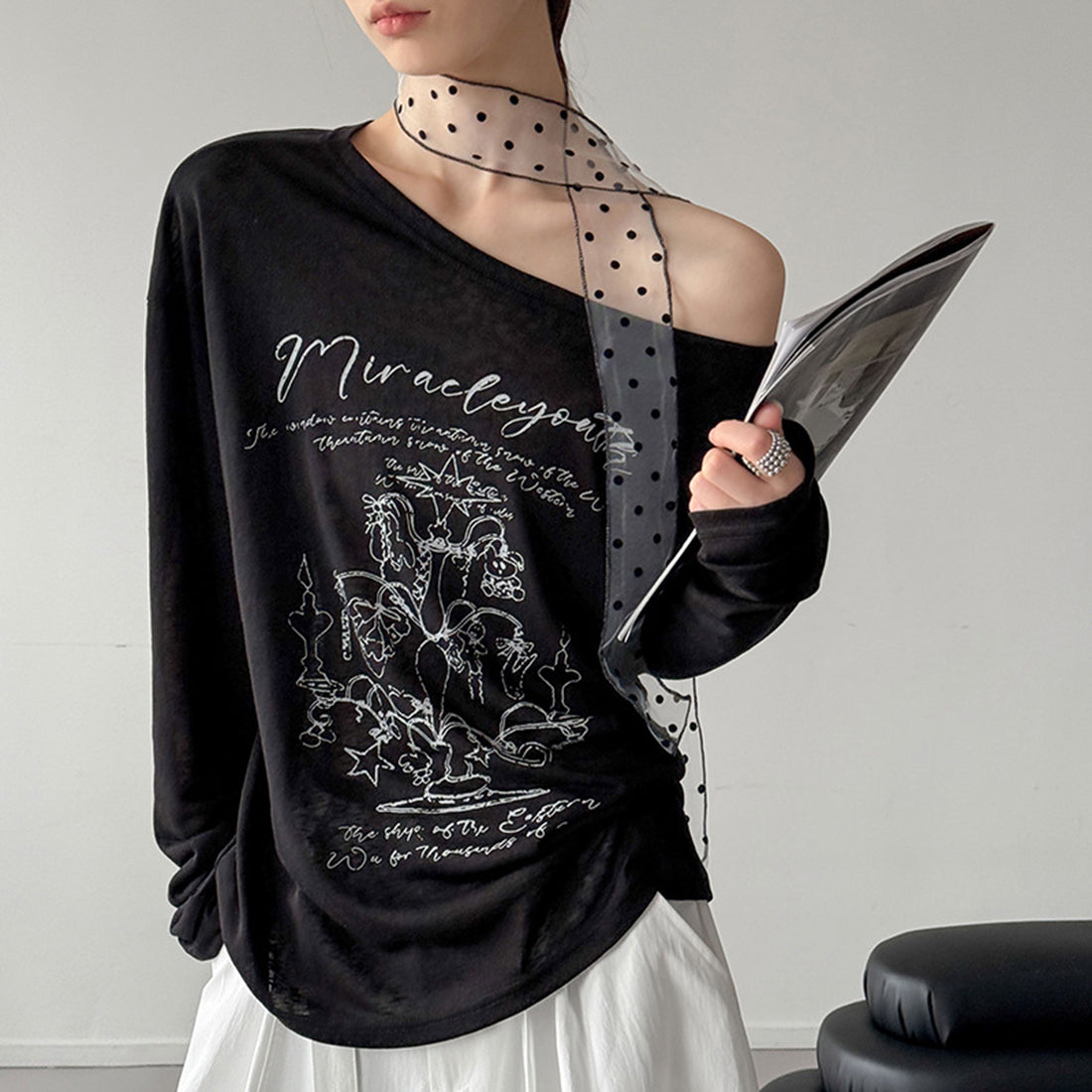 Women’s Off-Shoulder Printed Long-Sleeve Top with Polka Dot Scarf
