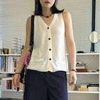 Sleeveless V-Neck Knit Button Vest Top
