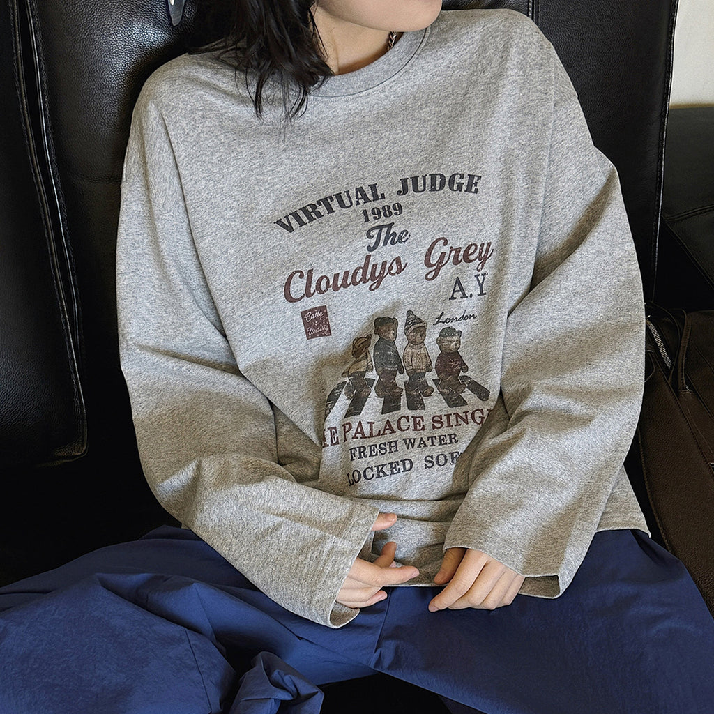 Retro teddy bear letter printed loose long sleeved T-shirt