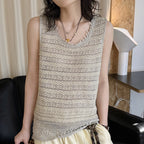 Women’s Sleeveless Openwork Knit Tank Top with Textured Hem