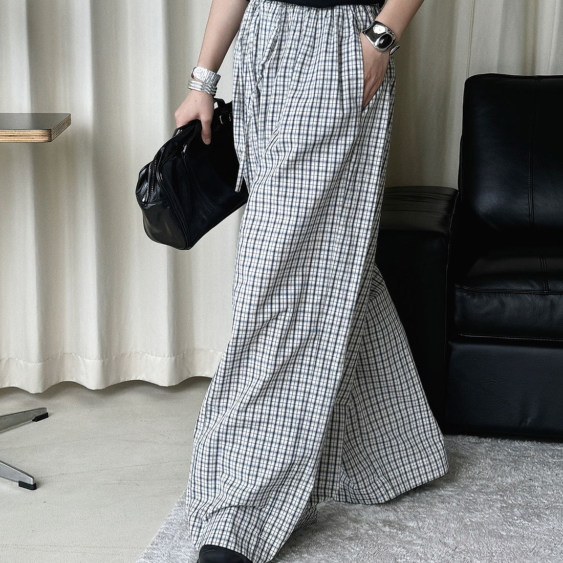 Color blocking plaid splicing casual elastic drawstring pants
