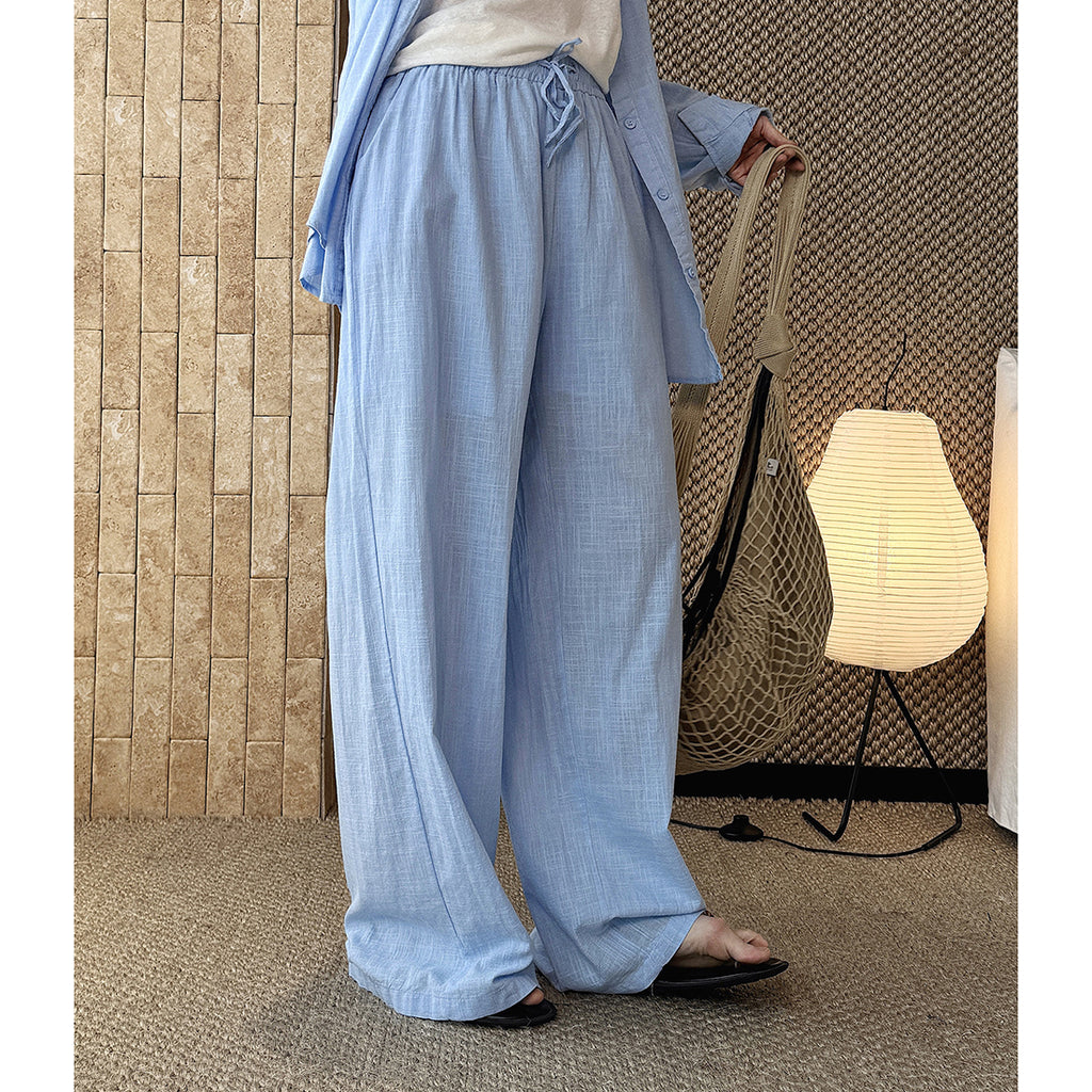 High Waist Cotton Linen Wide Leg Pants with Drawstring