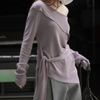 Slanted shoulder irregular strap spliced sweater top