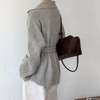 Flip collar knitted lazy V-neck sweater with belt