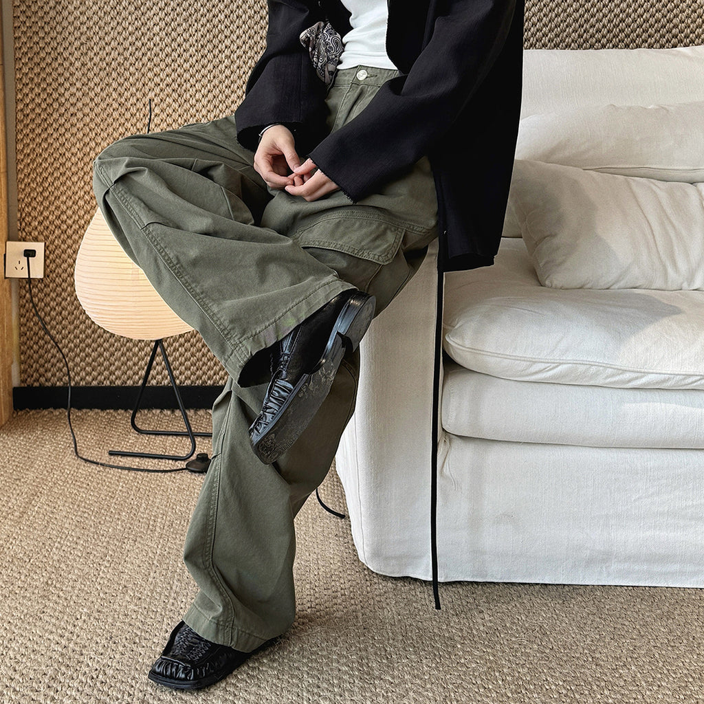 Pleated straight leg large pocket loose denim cargo pants