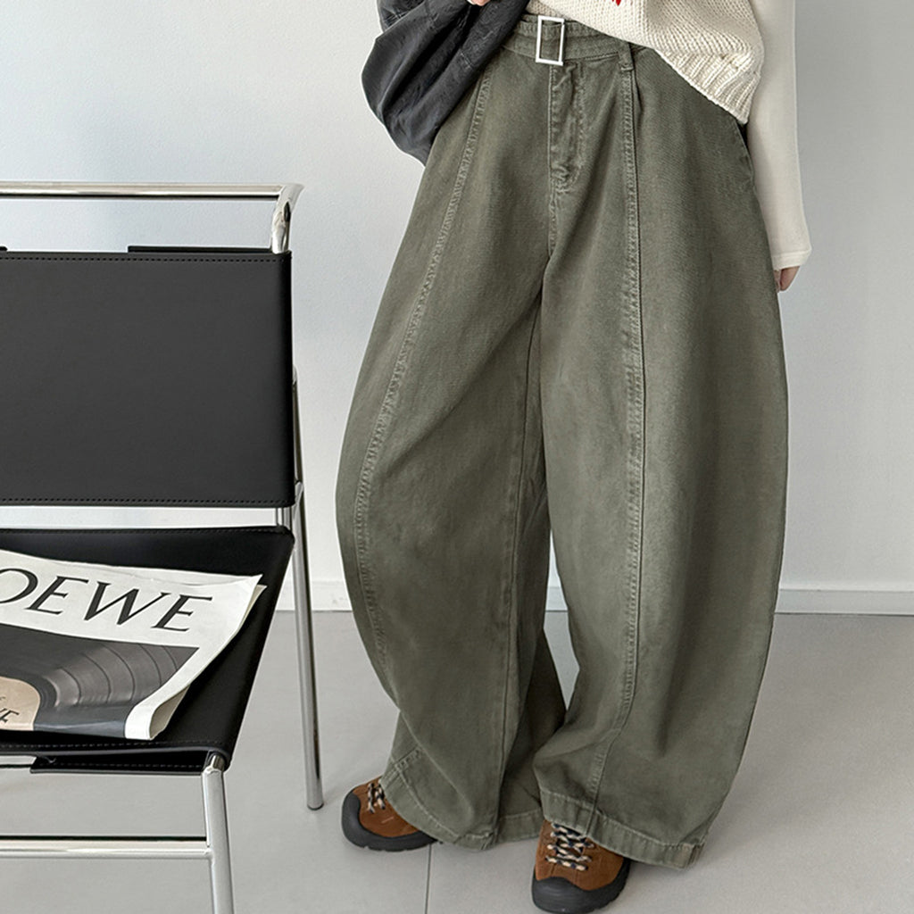 High waist wide leg pants women loose casual trousers with belt cotton
