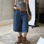 High Waist Cotton Denim Bermuda Shorts Loose Fit Wide Leg Casual Vintage Jeans