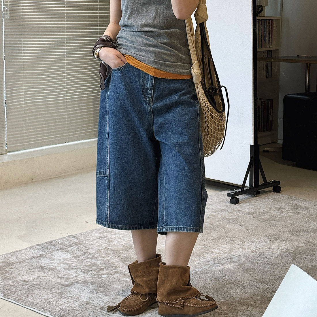 High Waist Cotton Denim Bermuda Shorts Loose Fit Wide Leg Casual Vintage Jeans