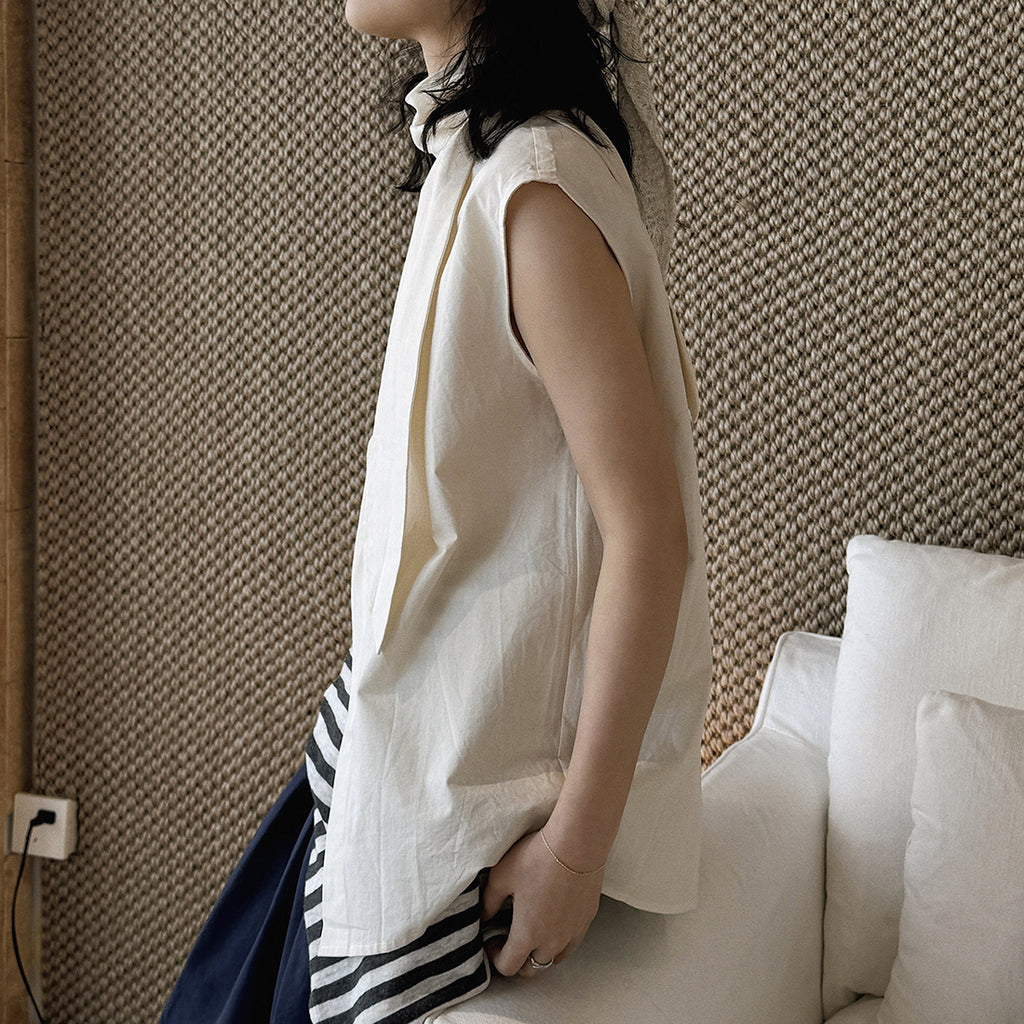 Sleeveless tie neck top women cotton linen loose summer blouse