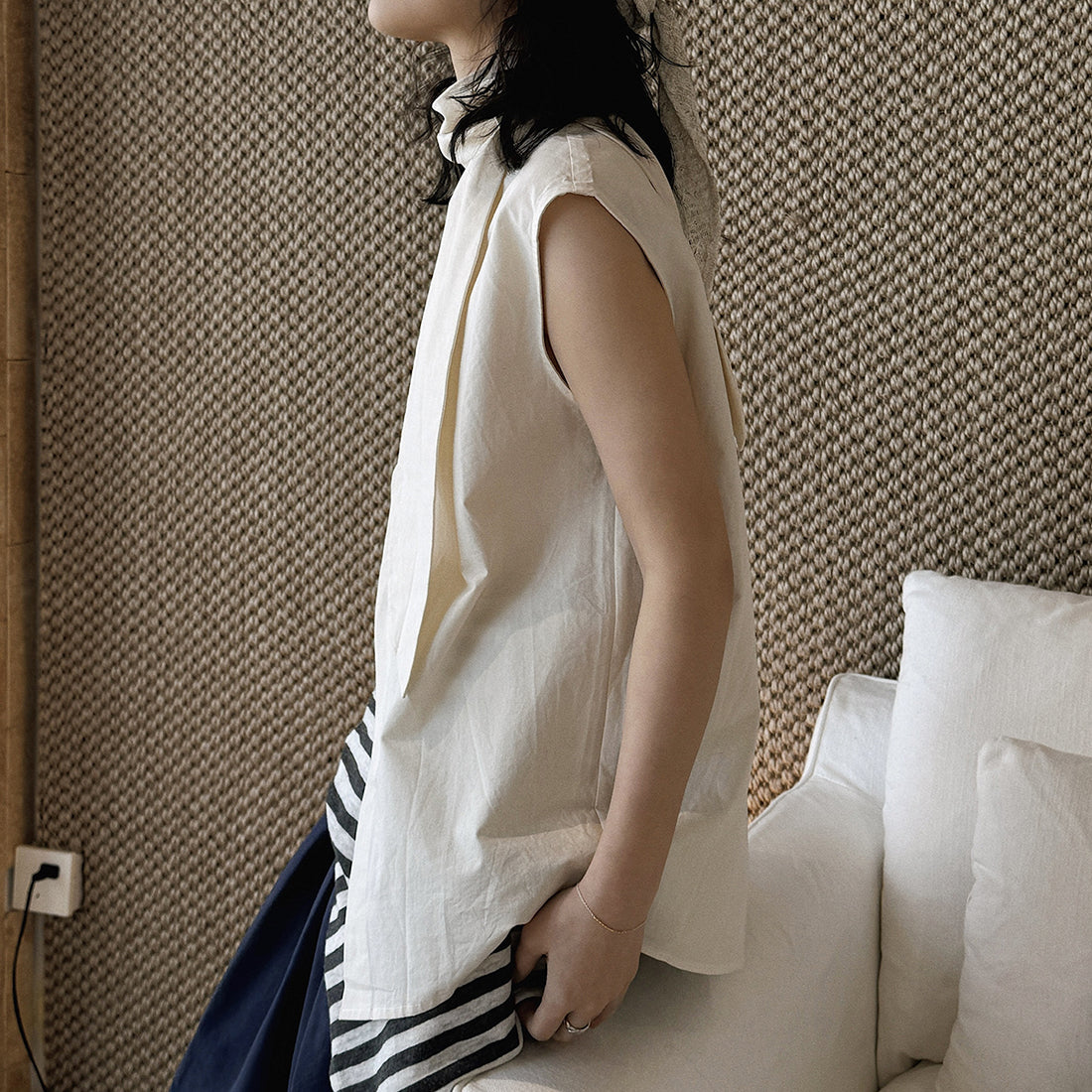 Sleeveless tie neck top women cotton linen loose summer blouse