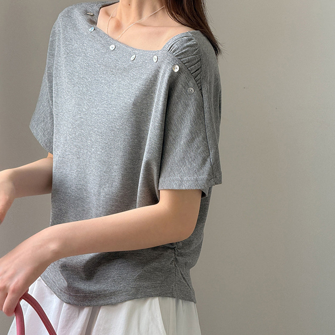Women’s Asymmetrical Button-Shoulder Short-Sleeve T-Shirt