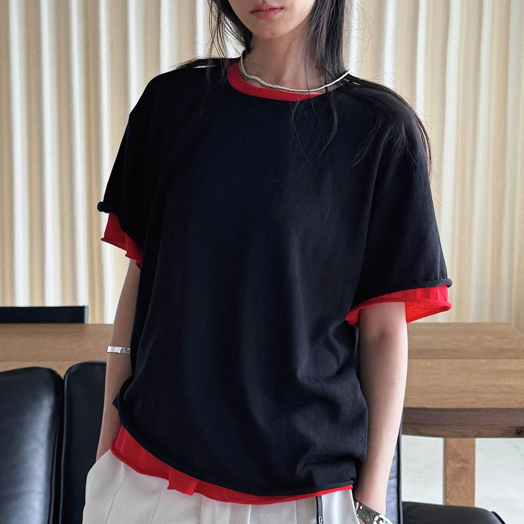 Round neck small rolled edge short sleeved slimming T-shirt