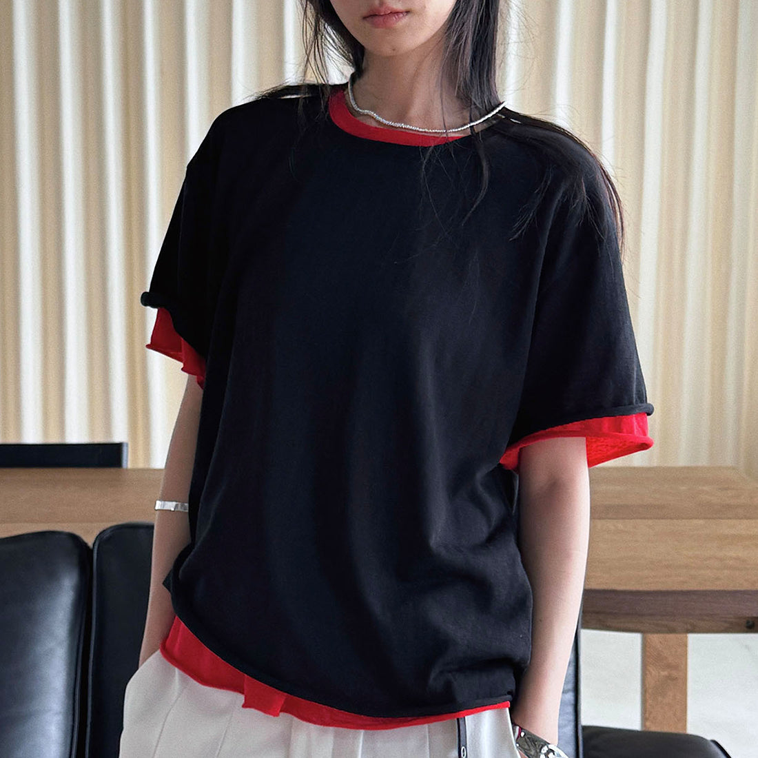 Round neck small rolled edge short sleeved slimming T-shirt