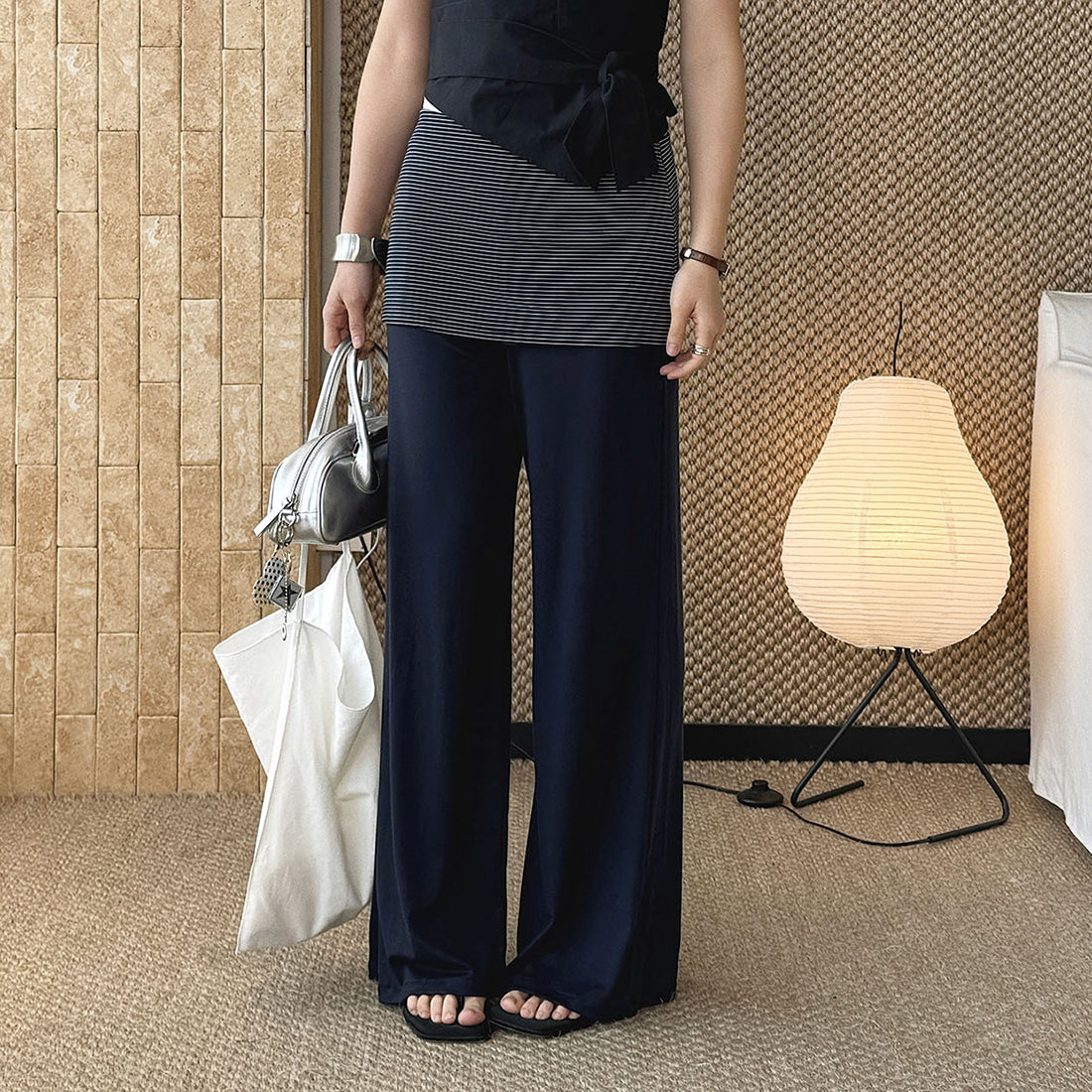 Extremely simple style non removable striped layered casual pants