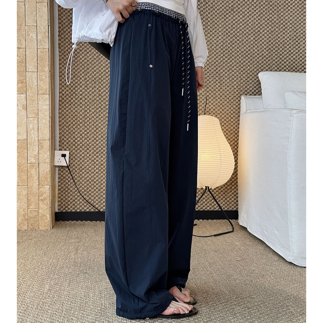Grid waistband elastic drawstring loose casual ankle pants