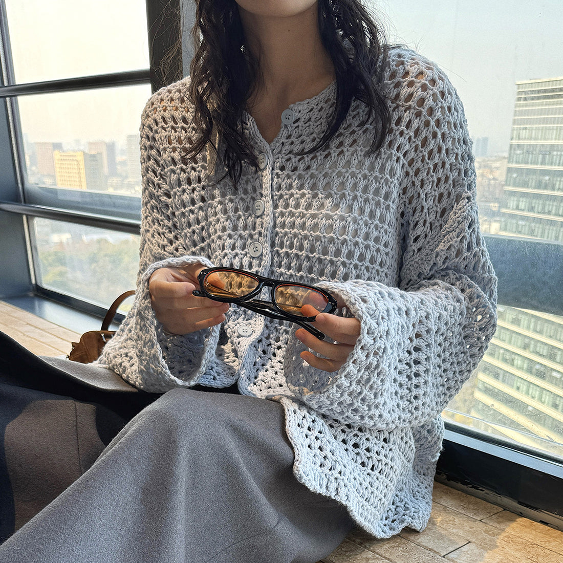 Large mesh hollow knitted cardigan loose top
