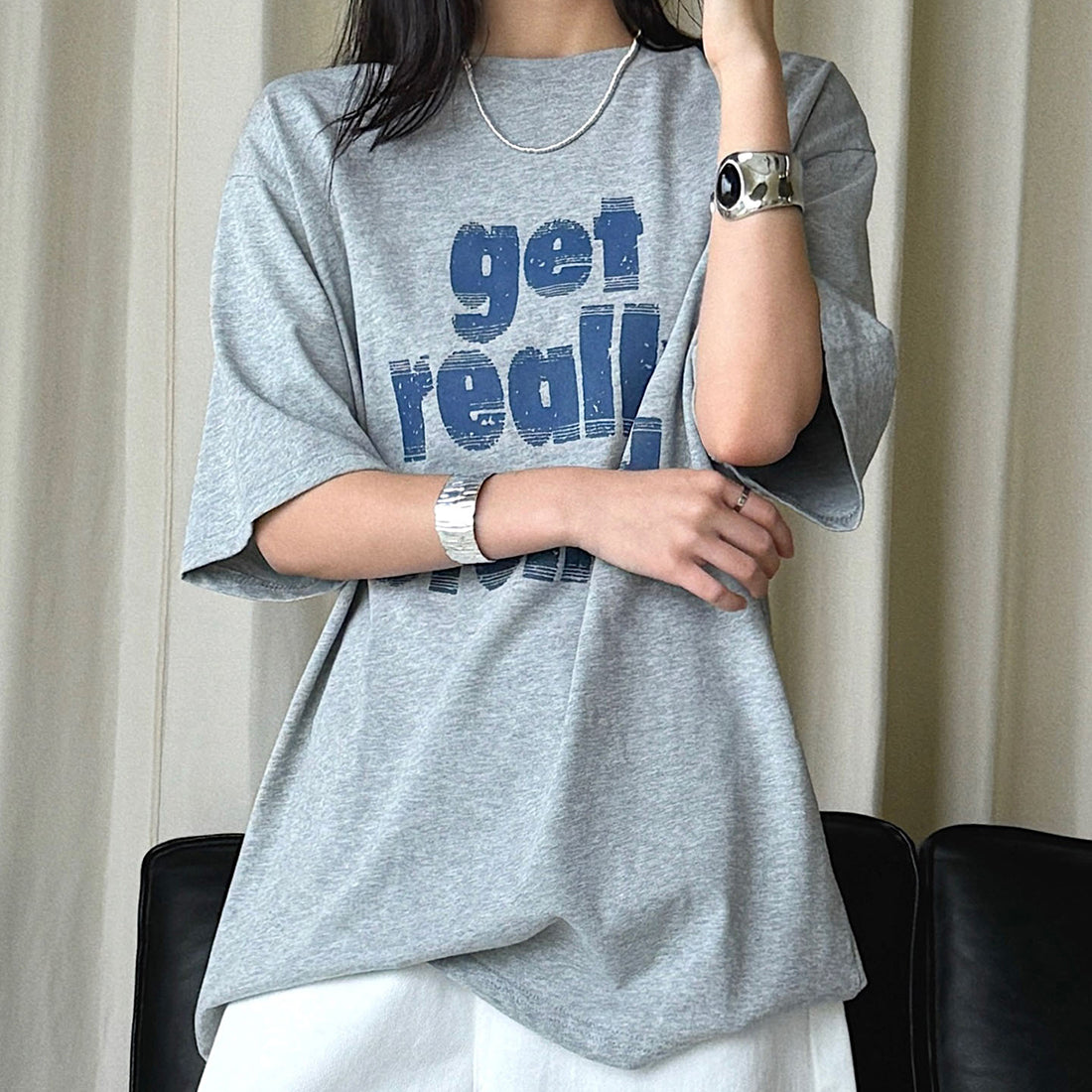 Round neck letter printed shoulder loose T-shirt top