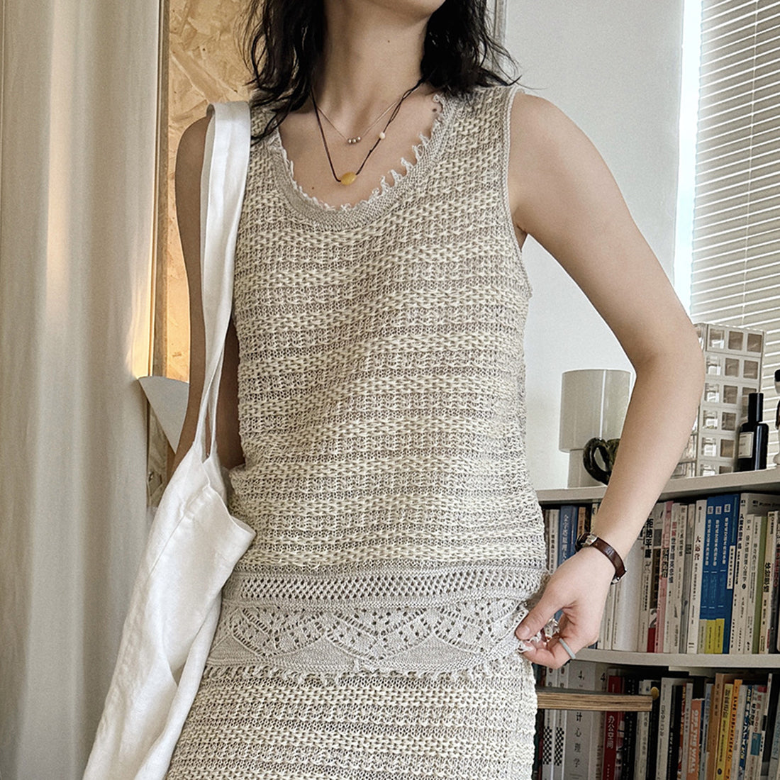 Women’s Sleeveless Openwork Knit Tank Top with Textured Hem