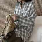 Vintage plaid cotton shirt loose long sleeve casual button down blouse