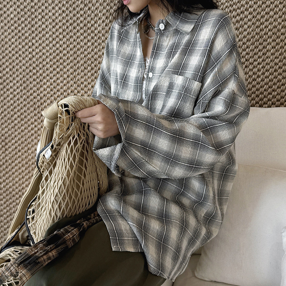 Vintage plaid cotton shirt loose long sleeve casual button down blouse
