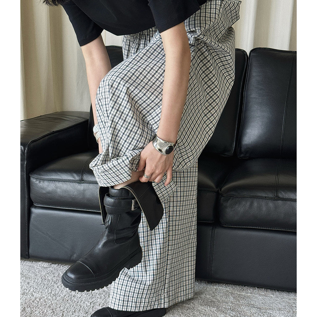 Color blocking plaid splicing casual elastic drawstring pants