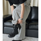 Color blocking plaid splicing casual elastic drawstring pants