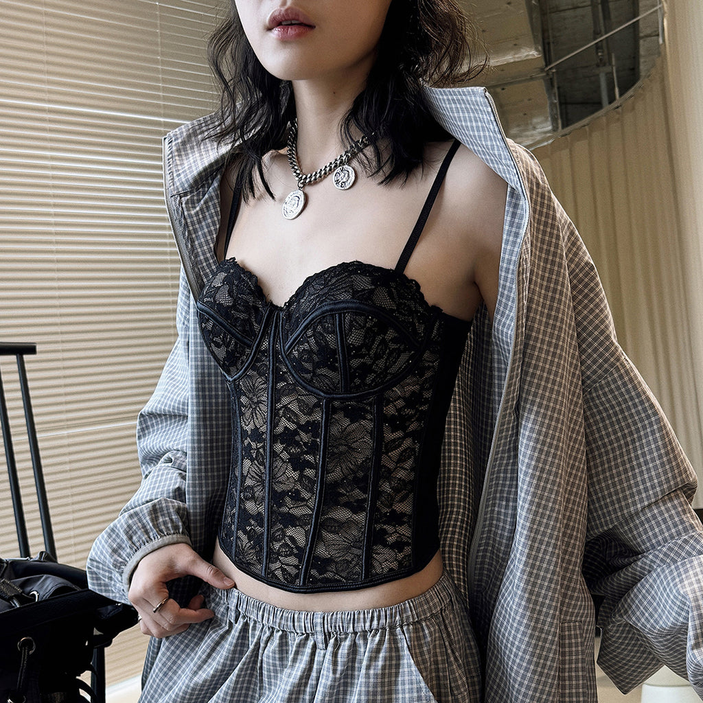 lace corset top bustier slim fit spaghetti strap cropped cami