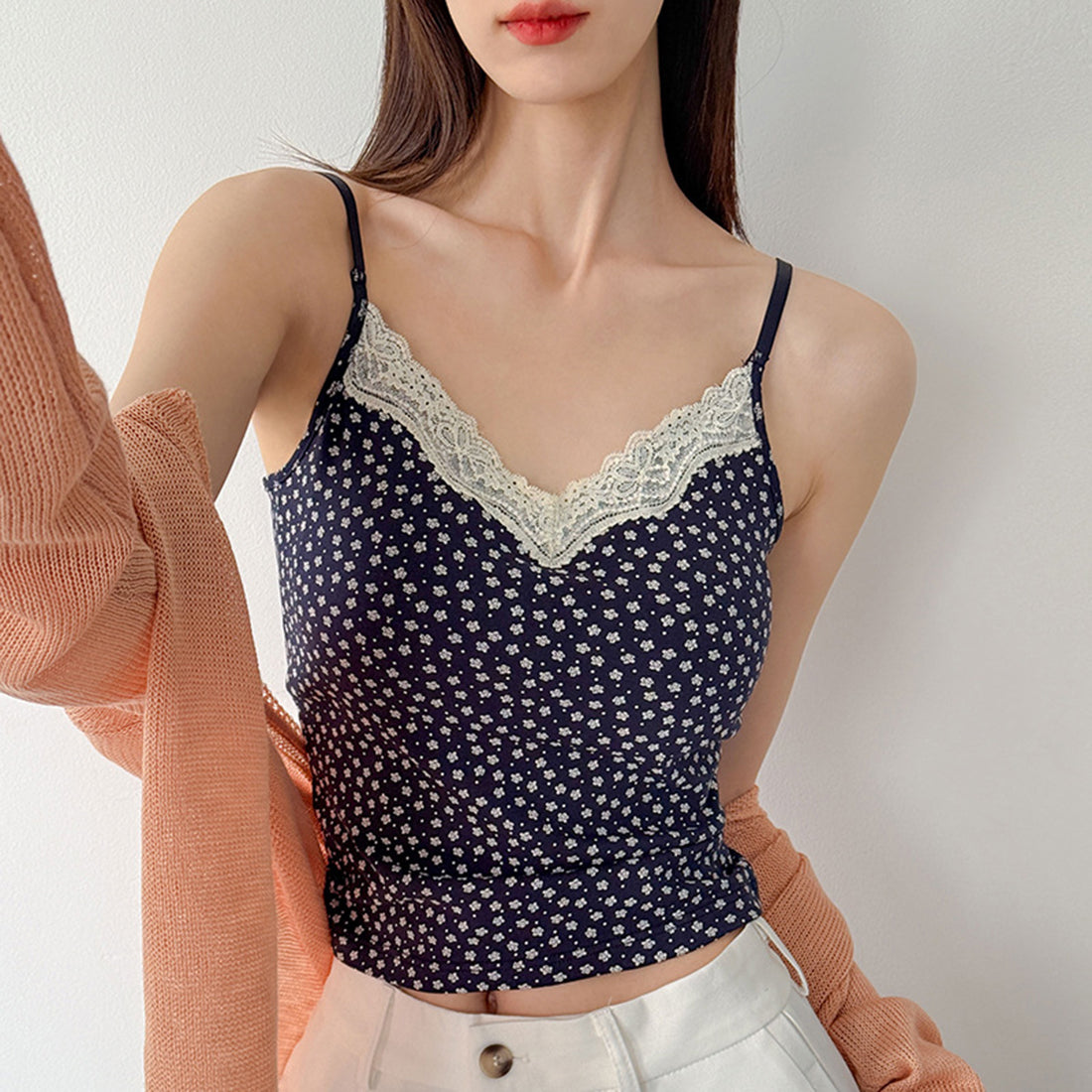 Women’s Lace Trim Floral Print Camisole with Built-in Bra
