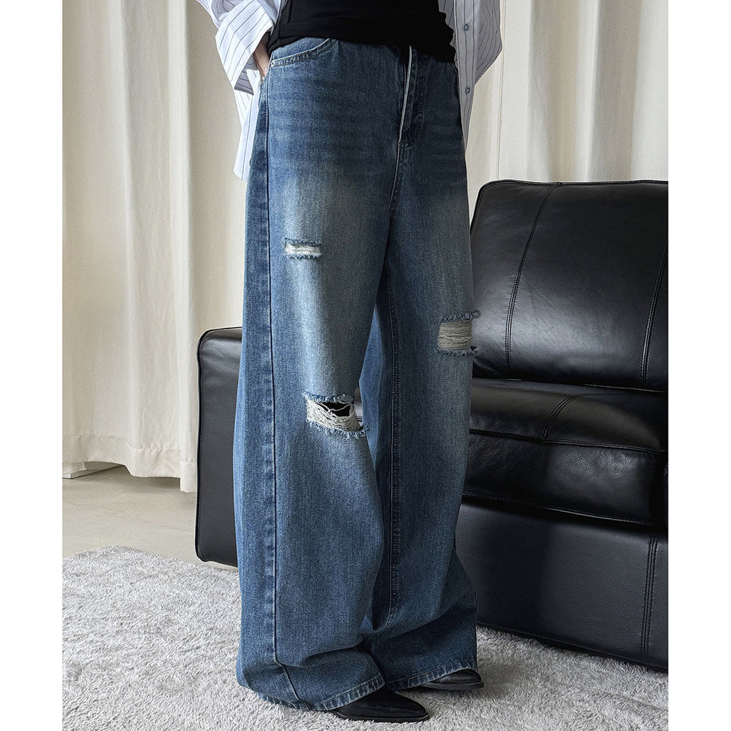 High waisted washed ripped straight leg jeans