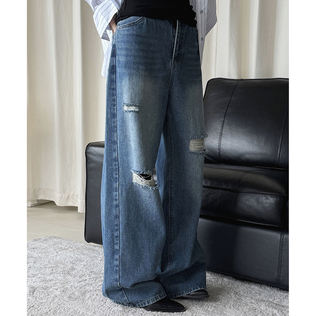 High waisted washed ripped straight leg jeans