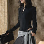 Slim fit stand collar zip long sleeve bodysuit