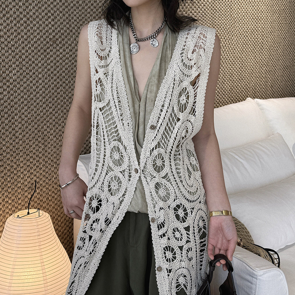sleeveless long vest lace knit cardigan v neck button down hollow out lightweight layering top