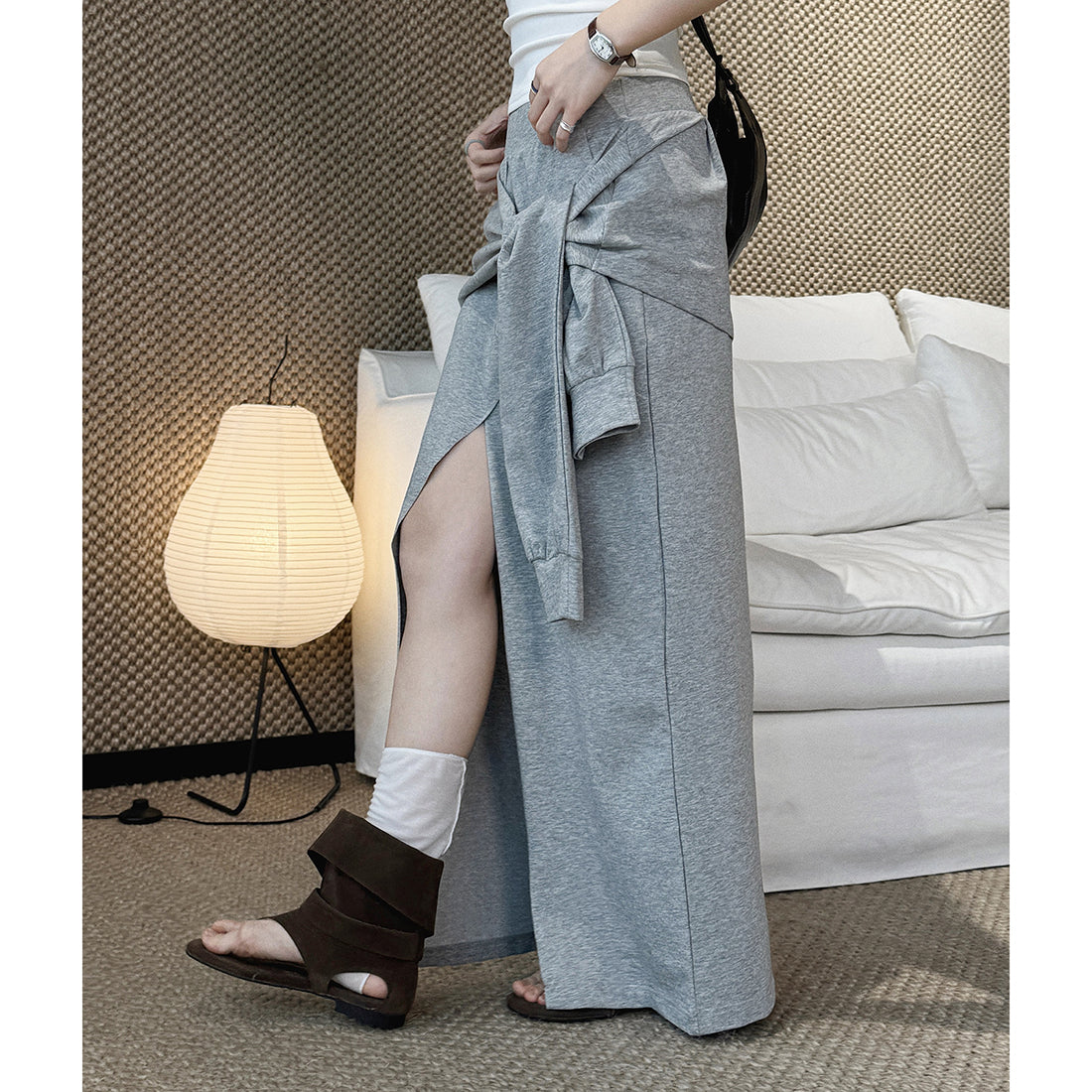 High-Waist Draped Maxi Skirt with Side Slit Detail