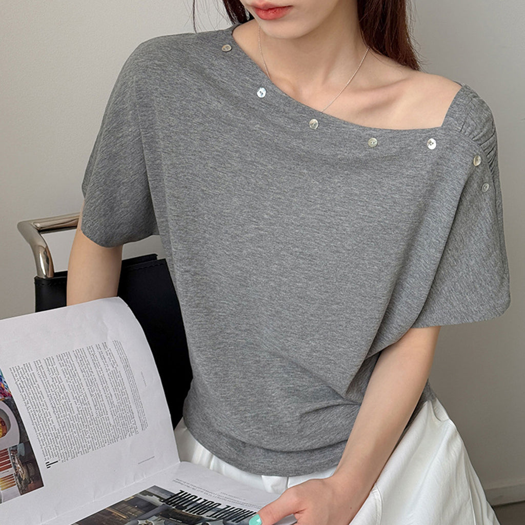Women’s Asymmetrical Button-Shoulder Short-Sleeve T-Shirt