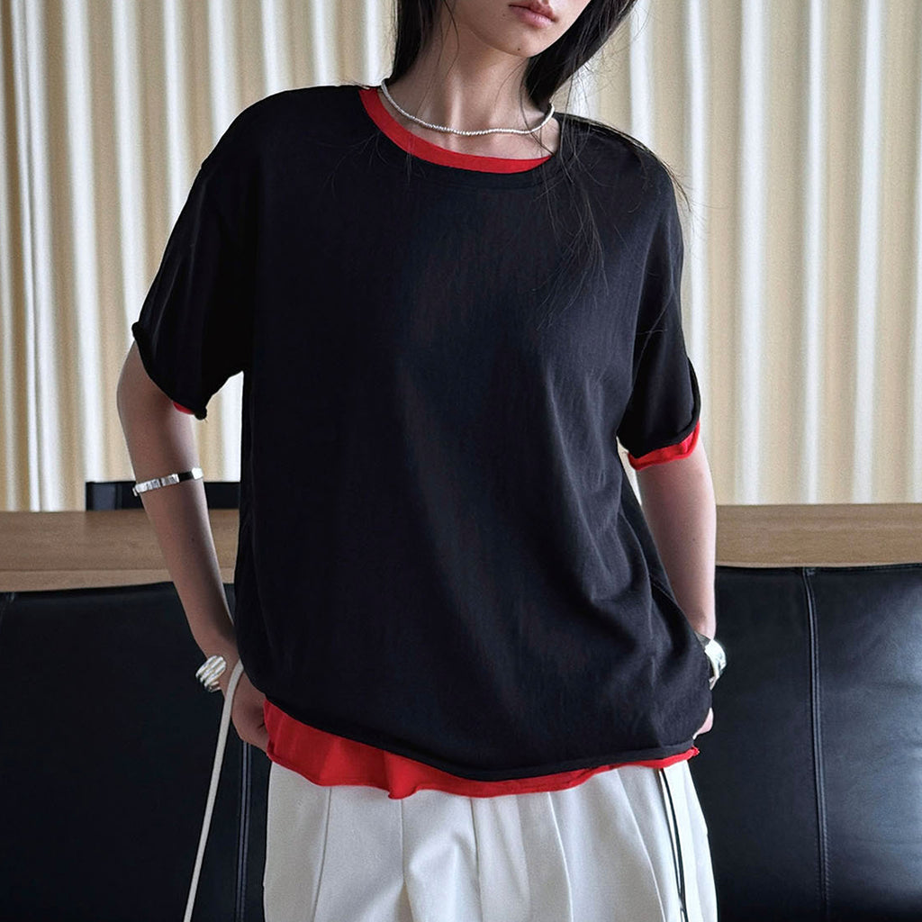 Round neck small rolled edge short sleeved slimming T-shirt