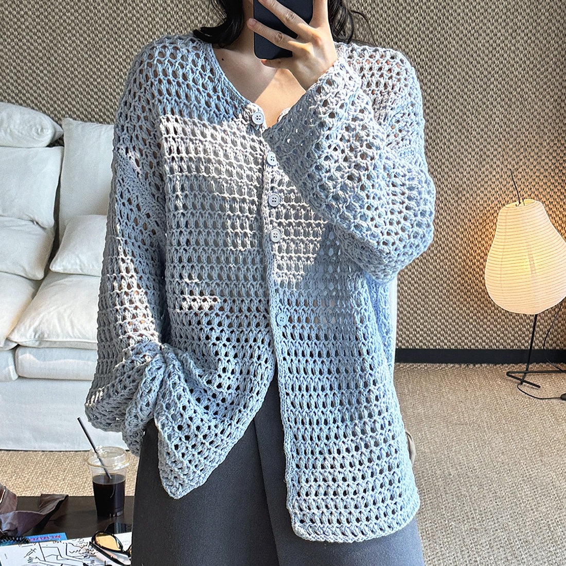 Large mesh hollow knitted cardigan loose top