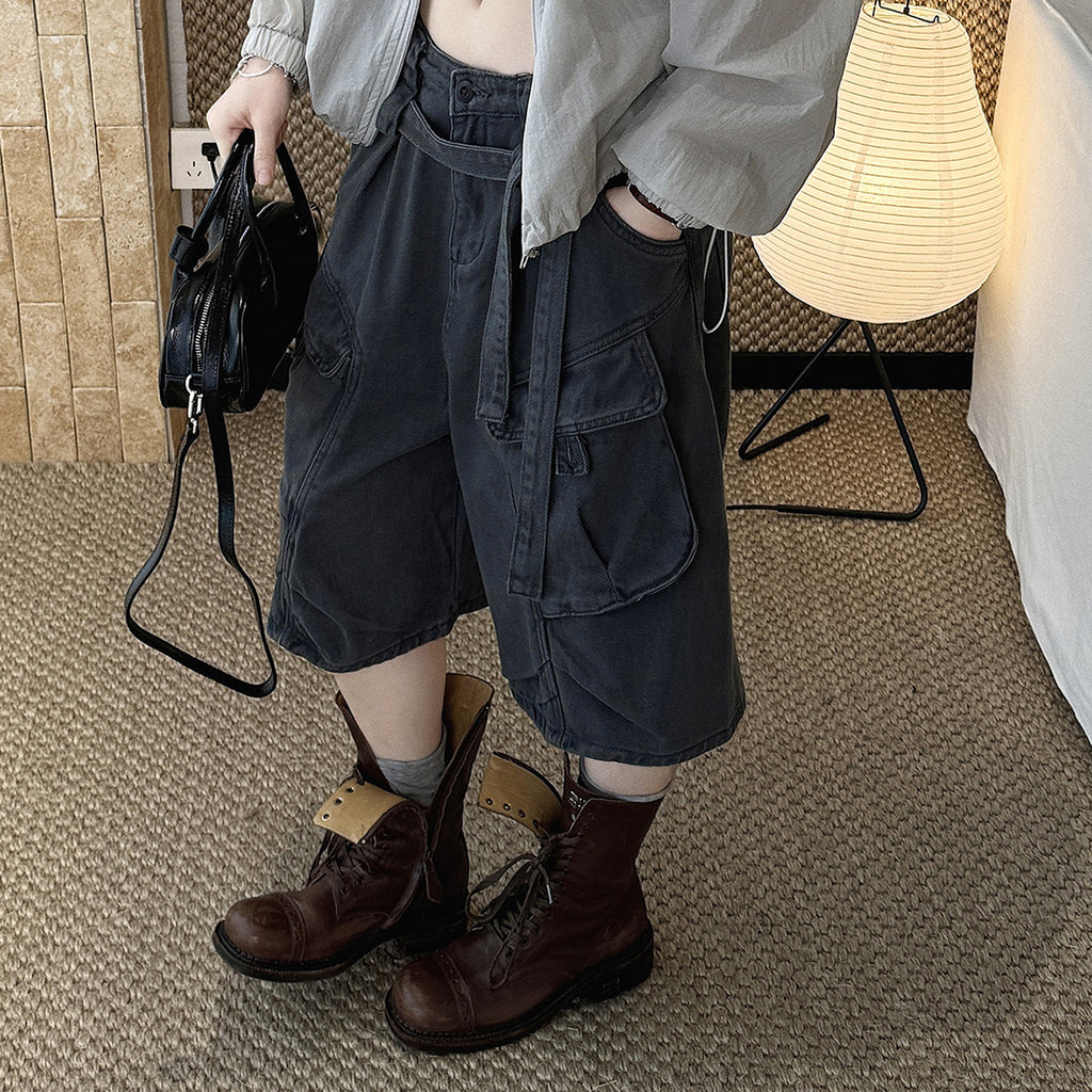 High Waist Wide Leg Denim Shorts with Raw Hem