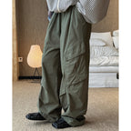 Pleated straight leg large pocket loose denim cargo pants