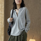 Loose fit v neck long sleeve button shirt top