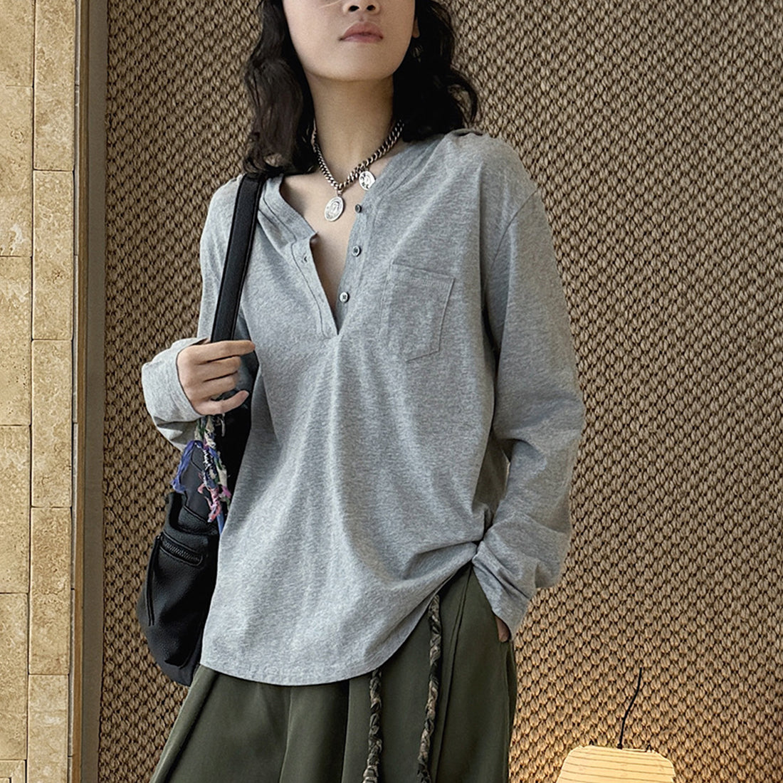 Loose fit v neck long sleeve button shirt top