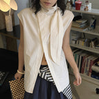 Sleeveless tie neck top women cotton linen loose summer blouse