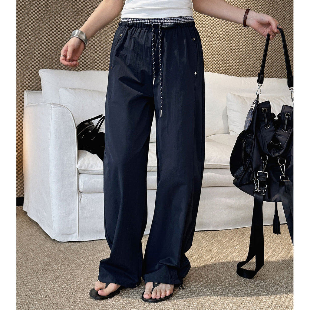 Grid waistband elastic drawstring loose casual ankle pants