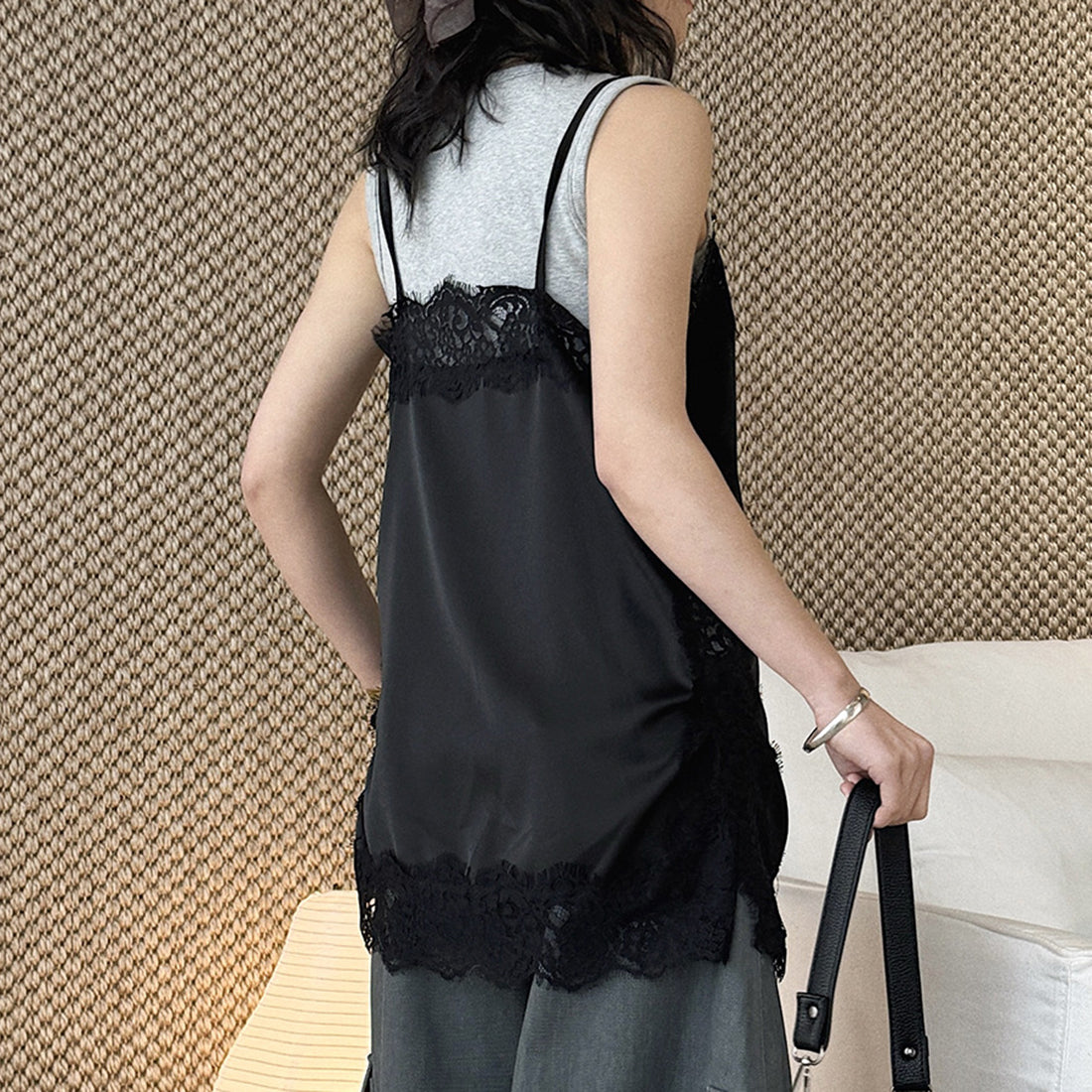 Lace trim cami top with silky stretch fabric for layering or solo wear