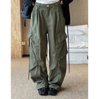 Pleated straight leg large pocket loose denim cargo pants