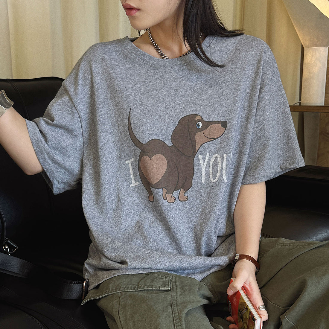 Round neck sausage dog letter printed short sleeve T-shirt top