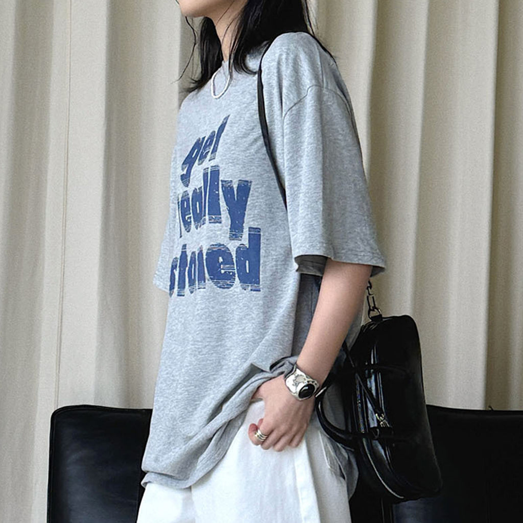 Round neck letter printed shoulder loose T-shirt top