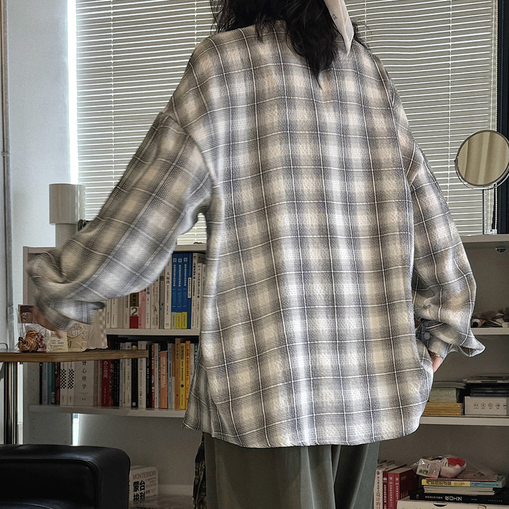Vintage plaid cotton shirt loose long sleeve casual button down blouse