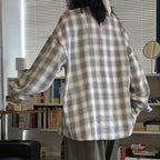 Vintage plaid cotton shirt loose long sleeve casual button down blouse